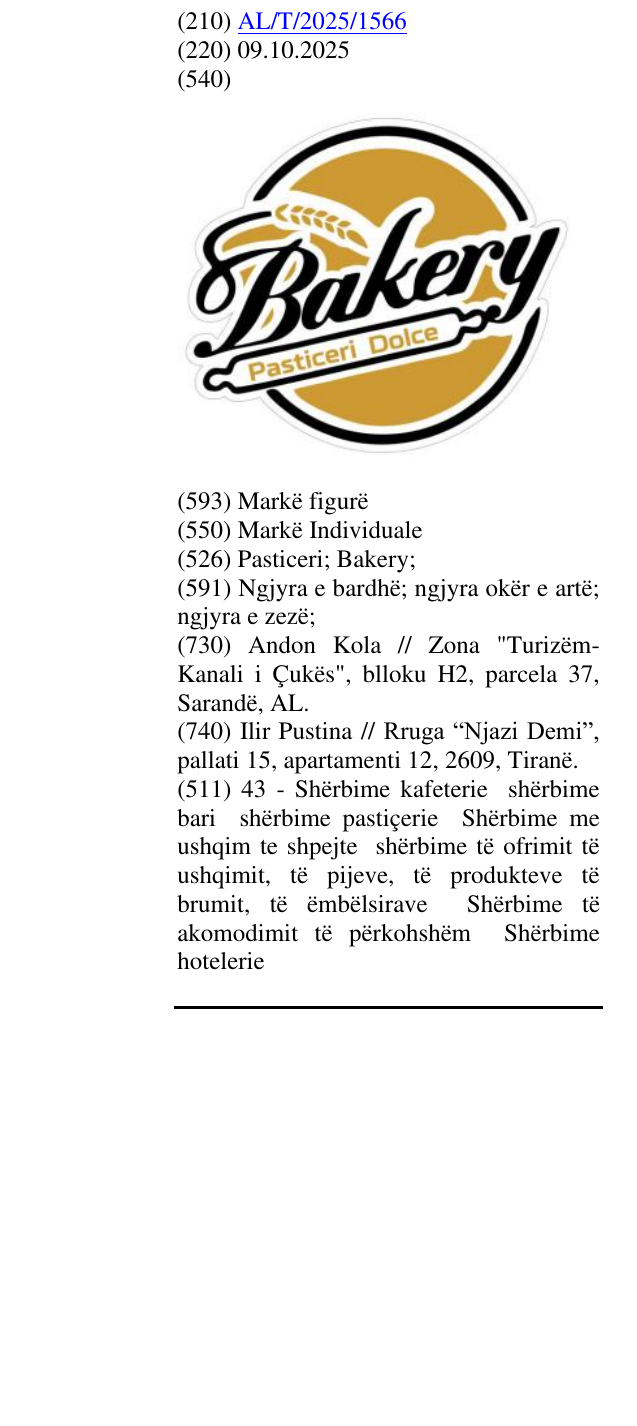Zëri i markës Pasticeri; Bakery; në buletin