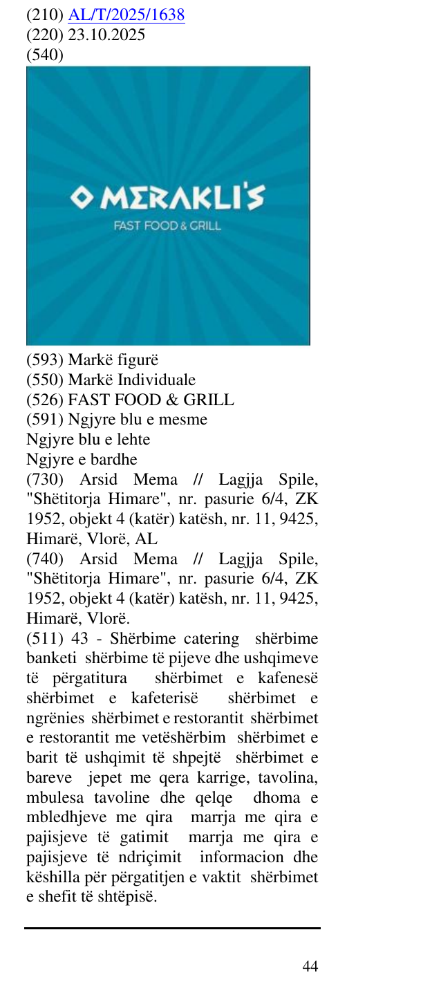 Zëri i markës FAST FOOD & GRILL në buletin