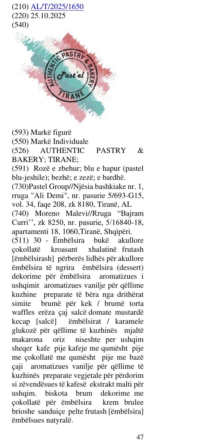 Zëri i markës AUTHENTIC PASTRY & BAKERY; TIRANE; në buletin