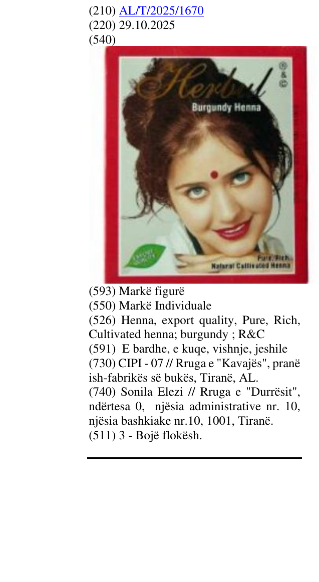 Zëri i markës Henna, export quality, Pure, Rich, Cultivated henna; burgundy ; R&C në buletin