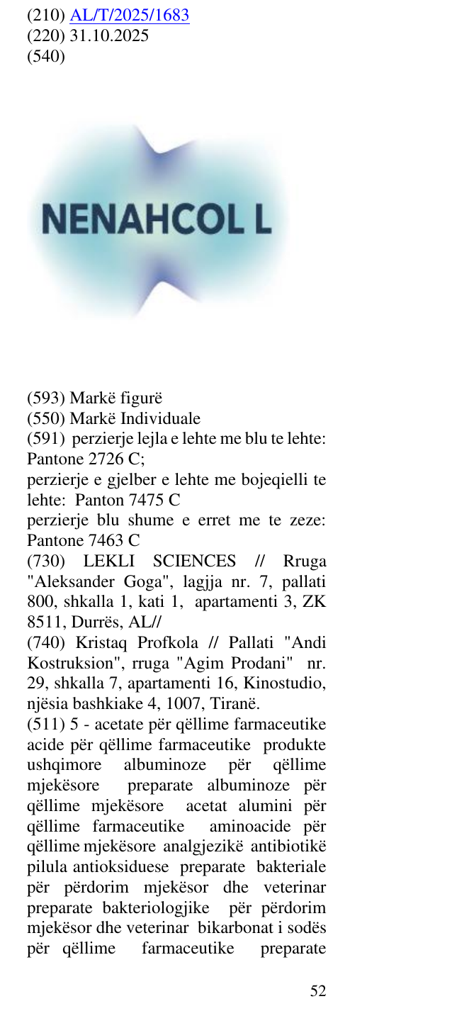 Zëri i markës NENAHCOL L në buletin
