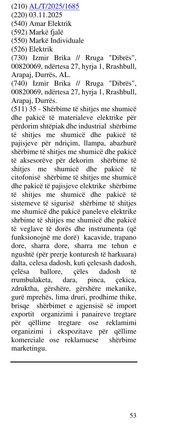Zëri i markës Amar Elektrik në buletin