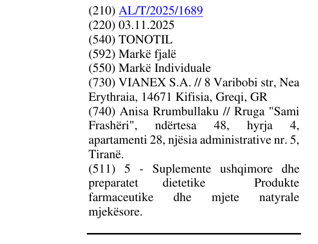 Zëri i markës TONOTIL në buletin