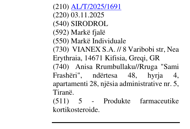 Zëri i markës SIRODROL në buletin