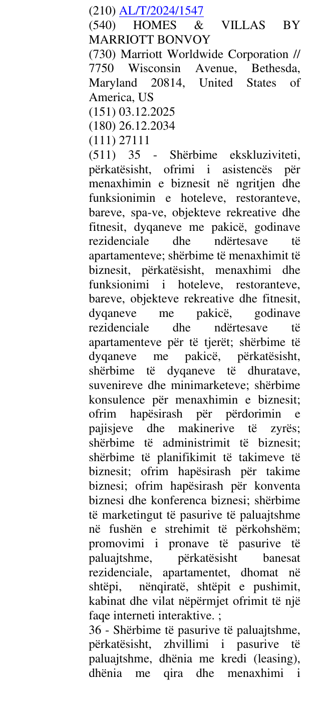 Zëri i markës HOMES & VILLAS BY MARRIOTT BONVOY në buletin