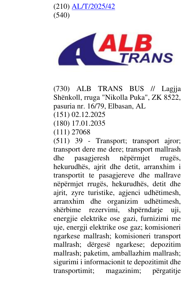 Zëri i markës ALB ;TRANS në buletin