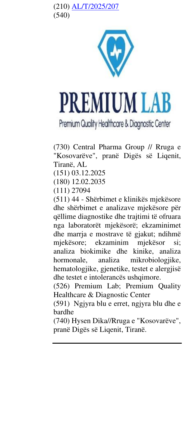 Zëri i markës Premium Lab; Premium Quality Healthcare & Diagnostic Center në buletin