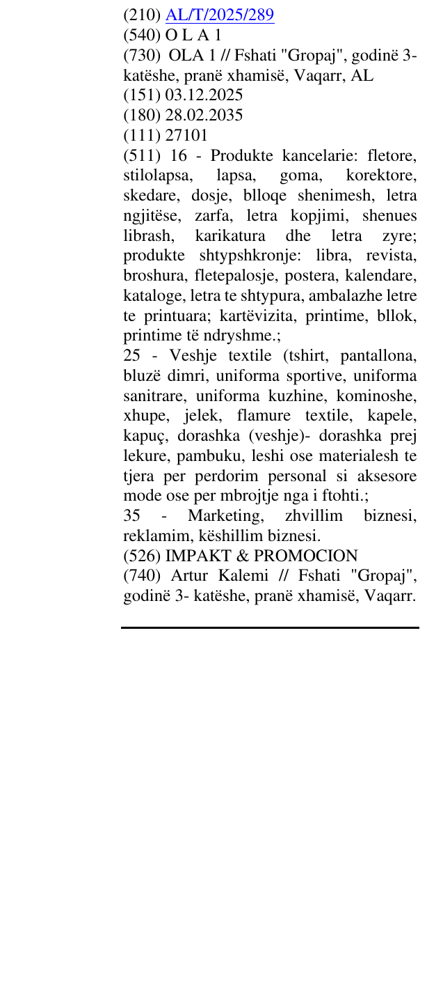 Zëri i markës O L A 1 në buletin