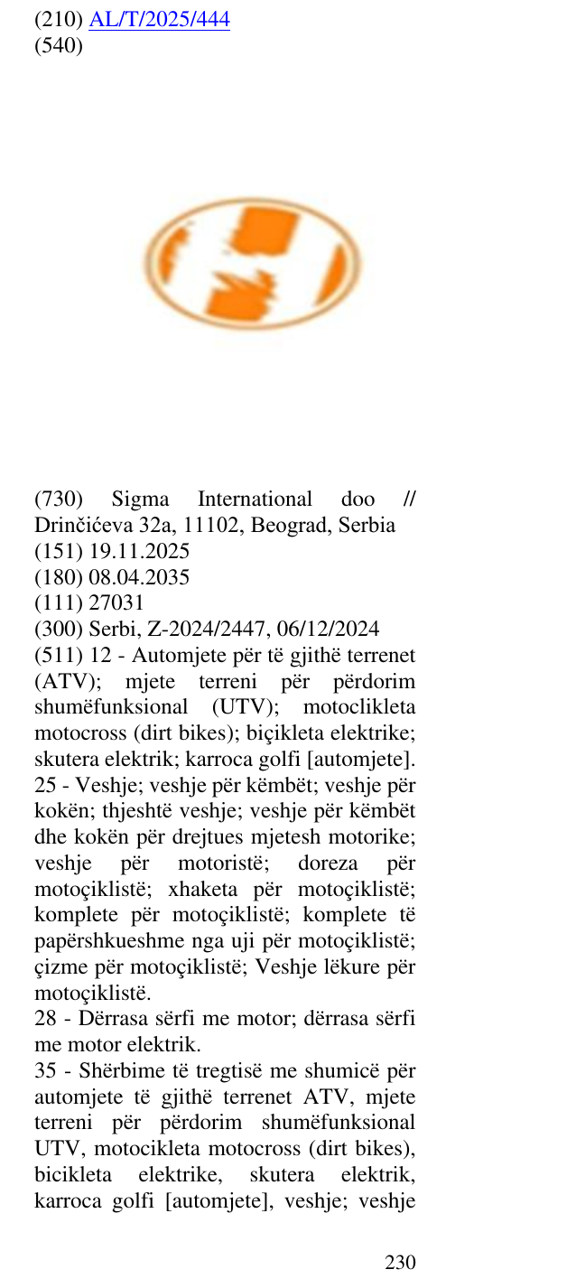 Zëri i markës AL/T/2025/444 në buletin