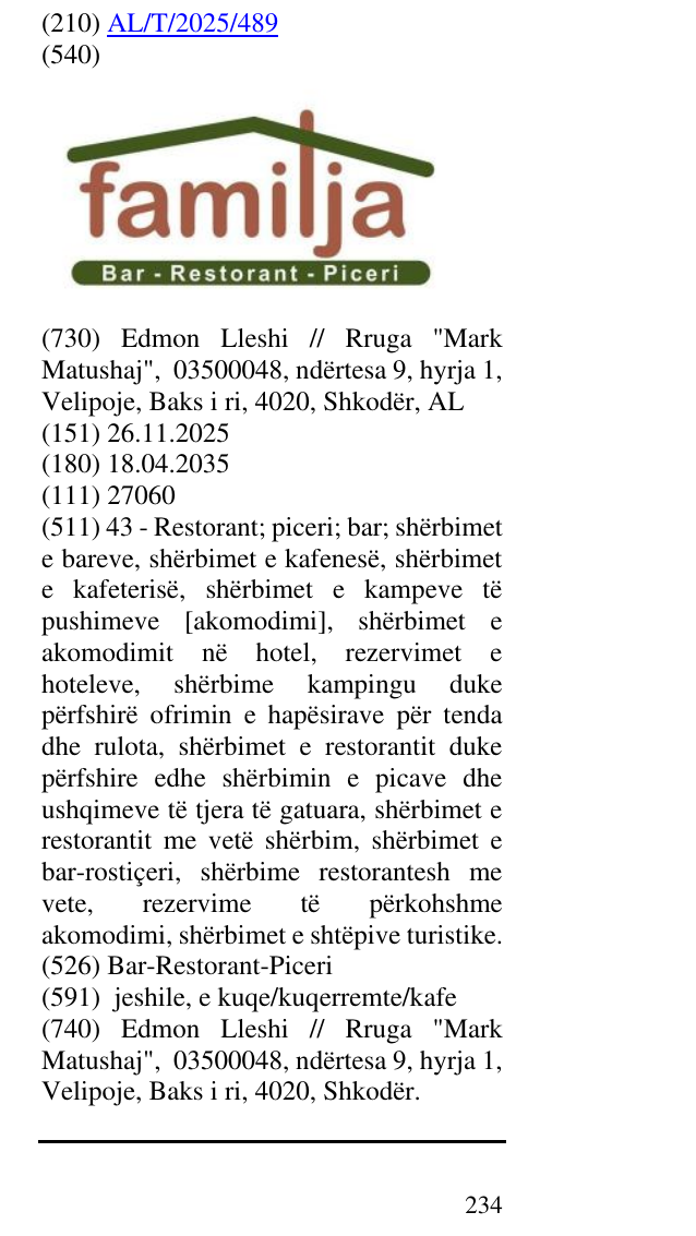 Zëri i markës Bar-Restorant-Piceri në buletin