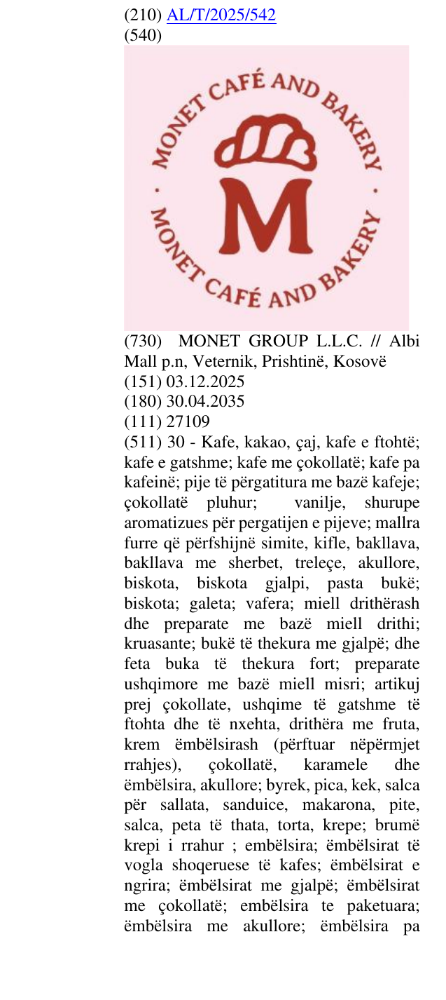 Zëri i markës CAFÉ AND BAKERY në buletin