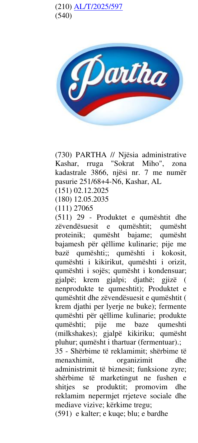Zëri i markës PARTHA në buletin