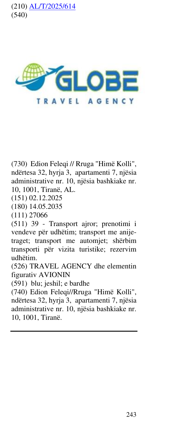 Zëri i markës TRAVEL AGENCY dhe elementin figurativ AVIONIN në buletin