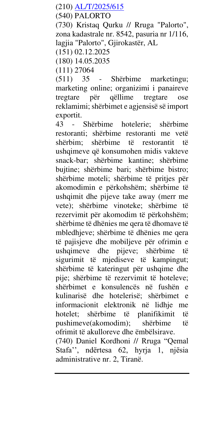 Zëri i markës PALORTO në buletin