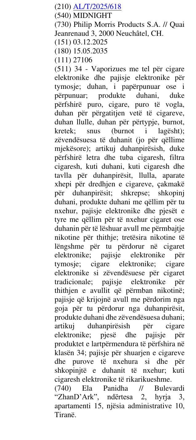 Zëri i markës MIDNIGHT në buletin