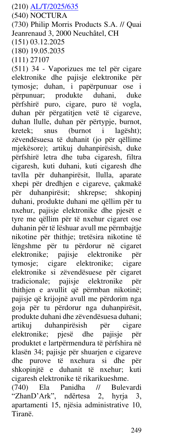 Zëri i markës NOCTURA në buletin