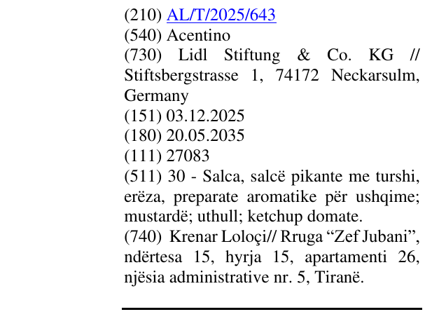 Zëri i markës Acentino në buletin