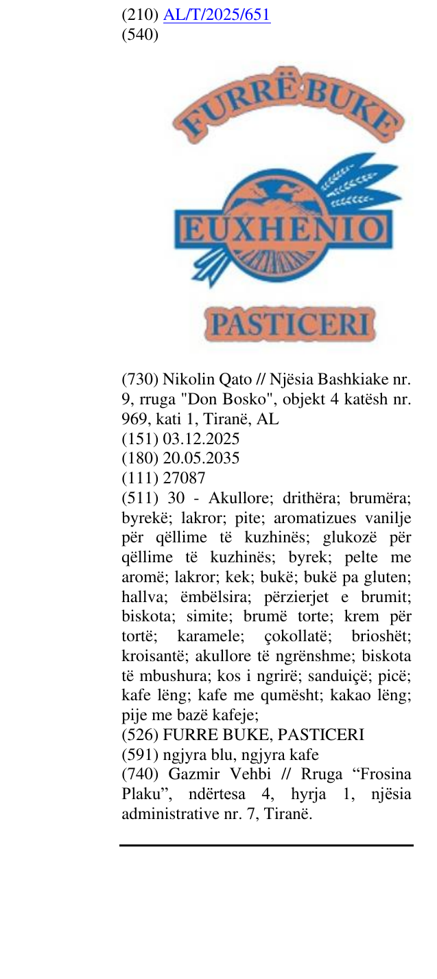 Zëri i markës FURRE BUKE, PASTICERI në buletin