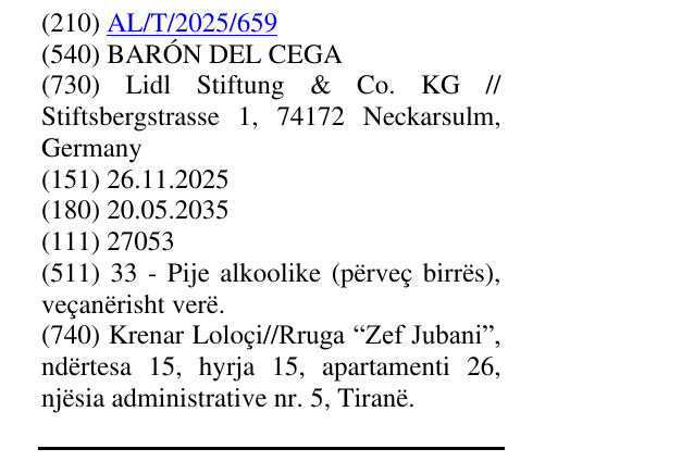 Zëri i markës BARÓN DEL CEGA në buletin