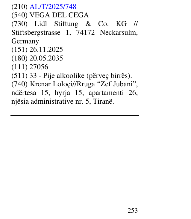 Zëri i markës VEGA DEL CEGA në buletin