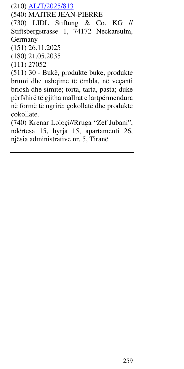 Zëri i markës MAITRE JEAN-PIERRE në buletin