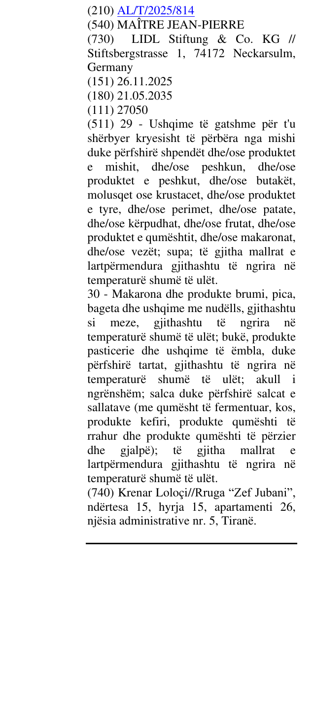 Zëri i markës MAÎTRE JEAN-PIERRE në buletin