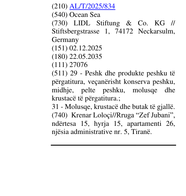 Zëri i markës Ocean Sea në buletin