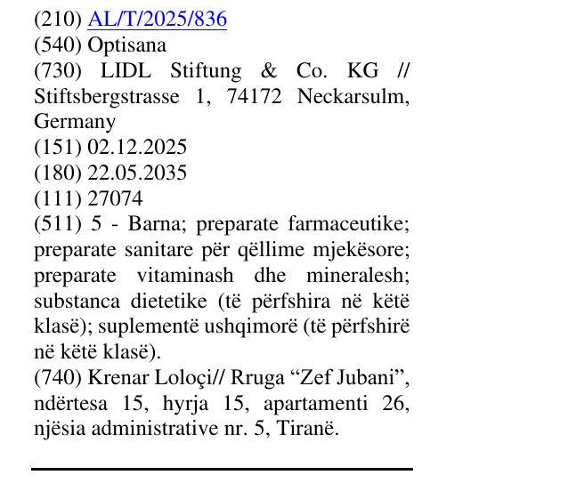 Zëri i markës Optisana në buletin