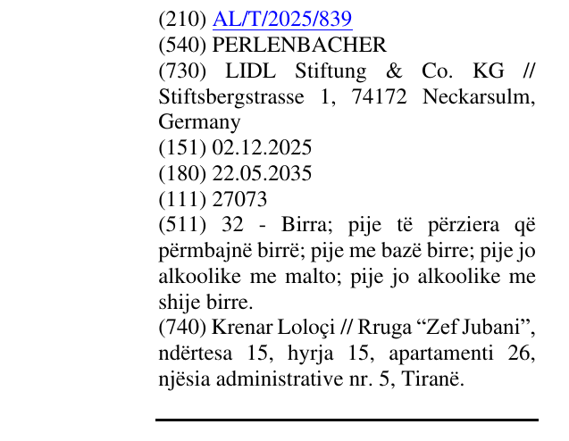 Zëri i markës PERLENBACHER në buletin