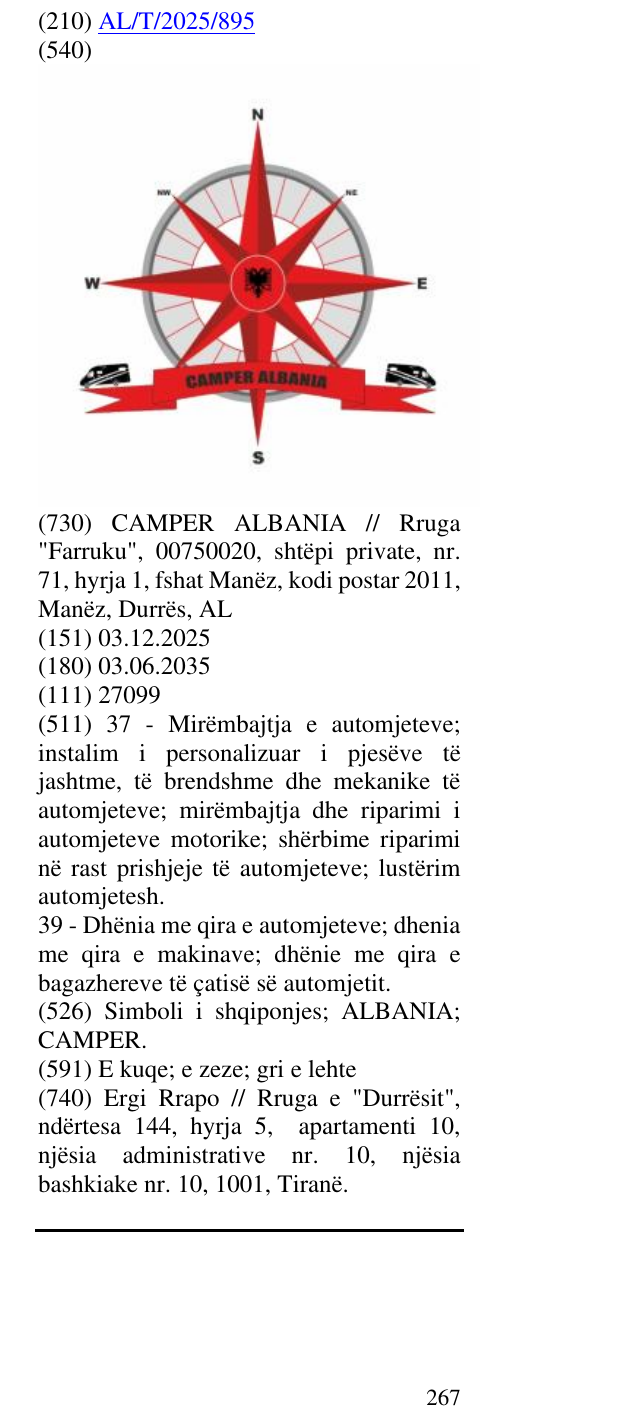 Zëri i markës Simboli i shqiponjes; ALBANIA; CAMPER. në buletin