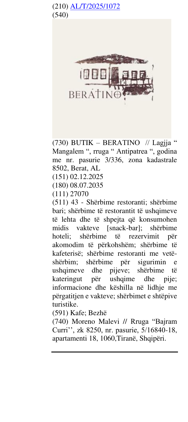 Zëri i markës BERATINO në buletin