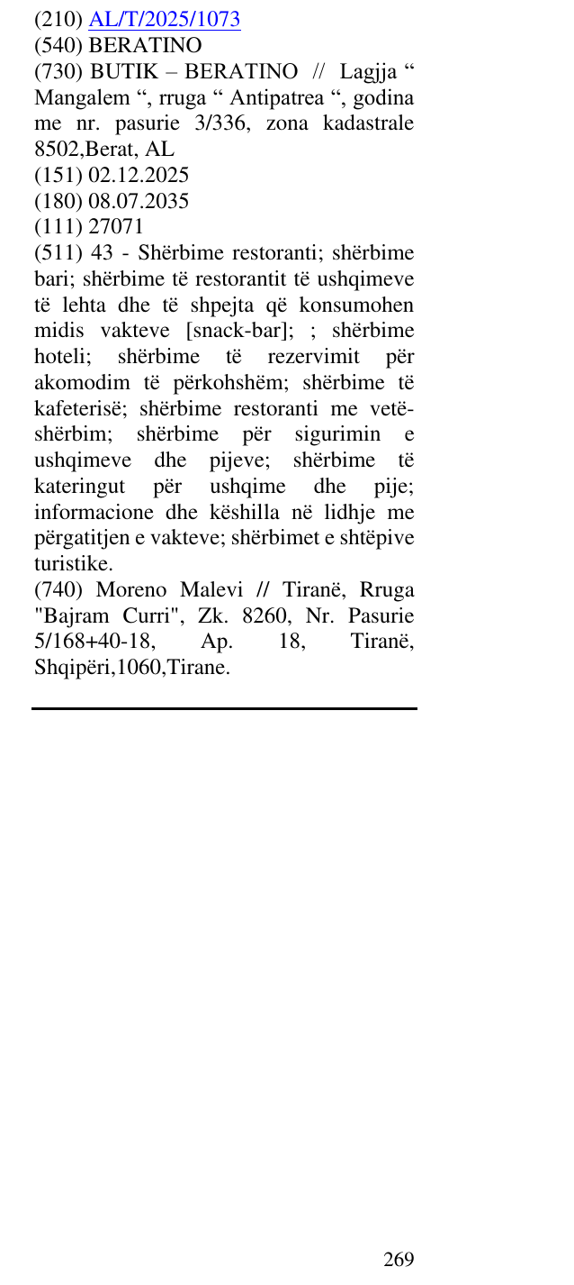 Zëri i markës BERATINO në buletin