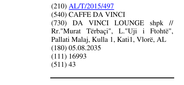 Zëri i markës CAFFE DA VINCI në buletin