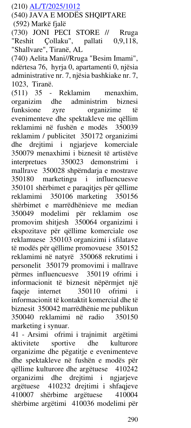 Zëri i markës JAVA E MODËS SHQIPTARE në buletin