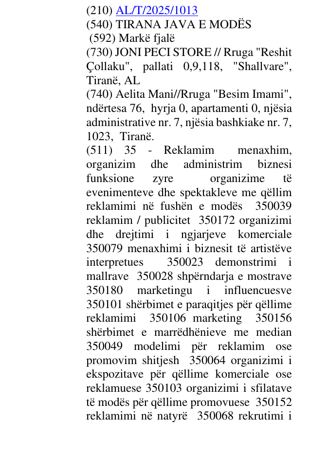 Zëri i markës TIRANA JAVA E MODËS në buletin