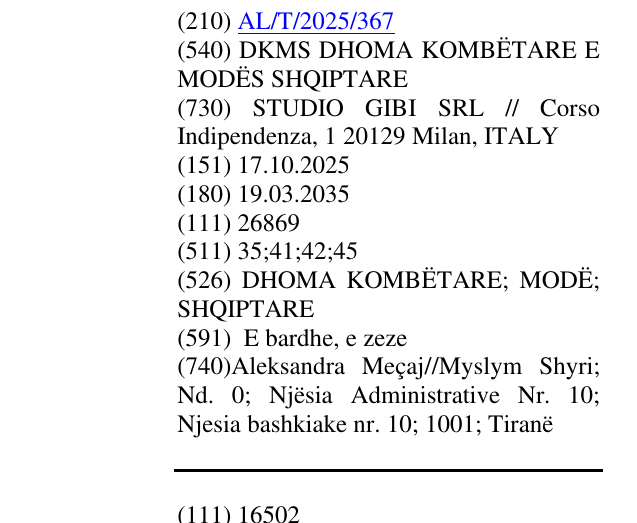Zëri i markës DKMS DHOMA KOMBËTARE E MODËS SHQIPTARE në buletin