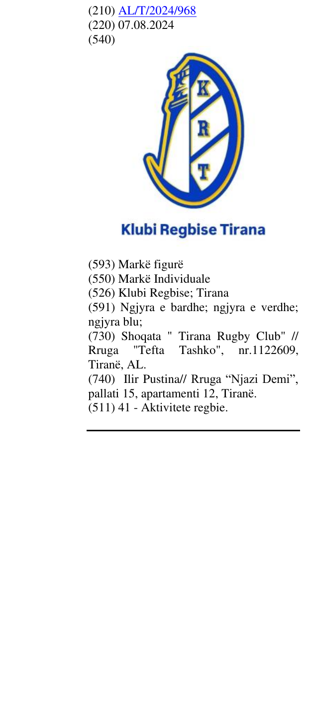 Zëri i markës Klubi Regbise; Tirana në buletin