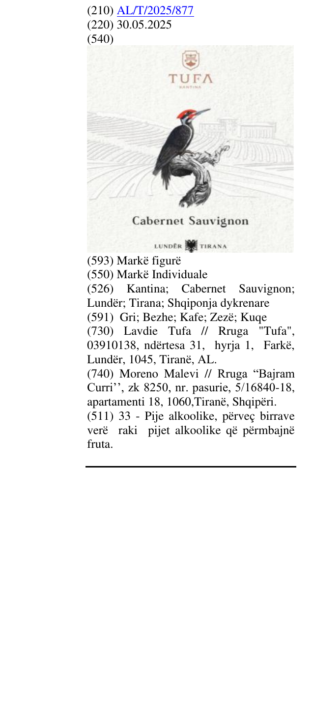 Zëri i markës Kantina; Cabernet Sauvignon; Lundër; Tirana; Shqiponja dykrenare në buletin