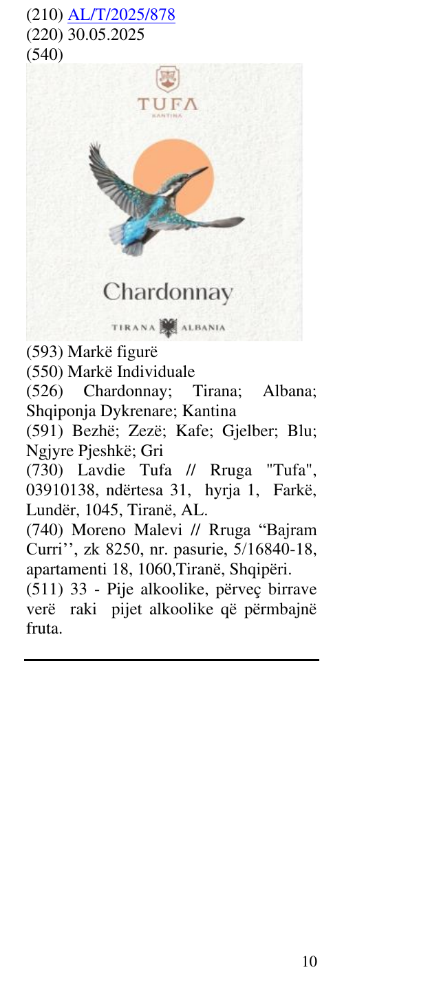 Zëri i markës Chardonnay; Tirana; Albana; Shqiponja Dykrenare; Kantina në buletin