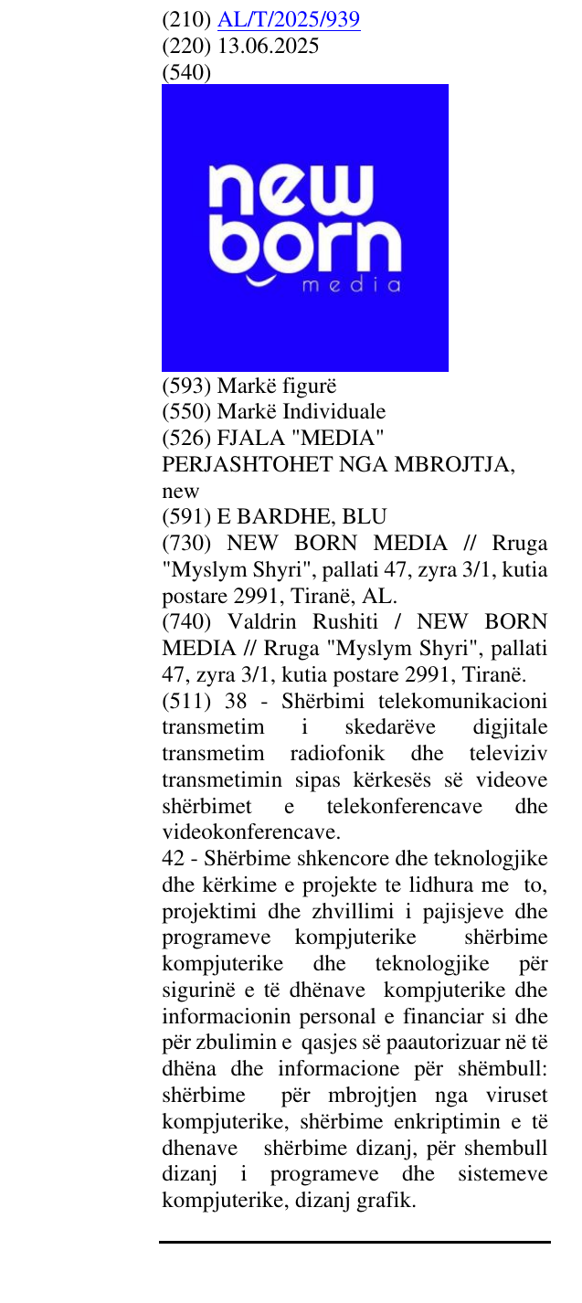 Zëri i markës FJALA "MEDIA" PERJASHTOHET NGA MBROJTJA, new në buletin