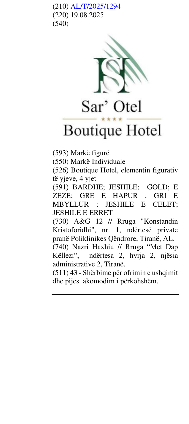 Zëri i markës Boutique Hotel, elementin figurativ të yjeve, 4 yjet në buletin