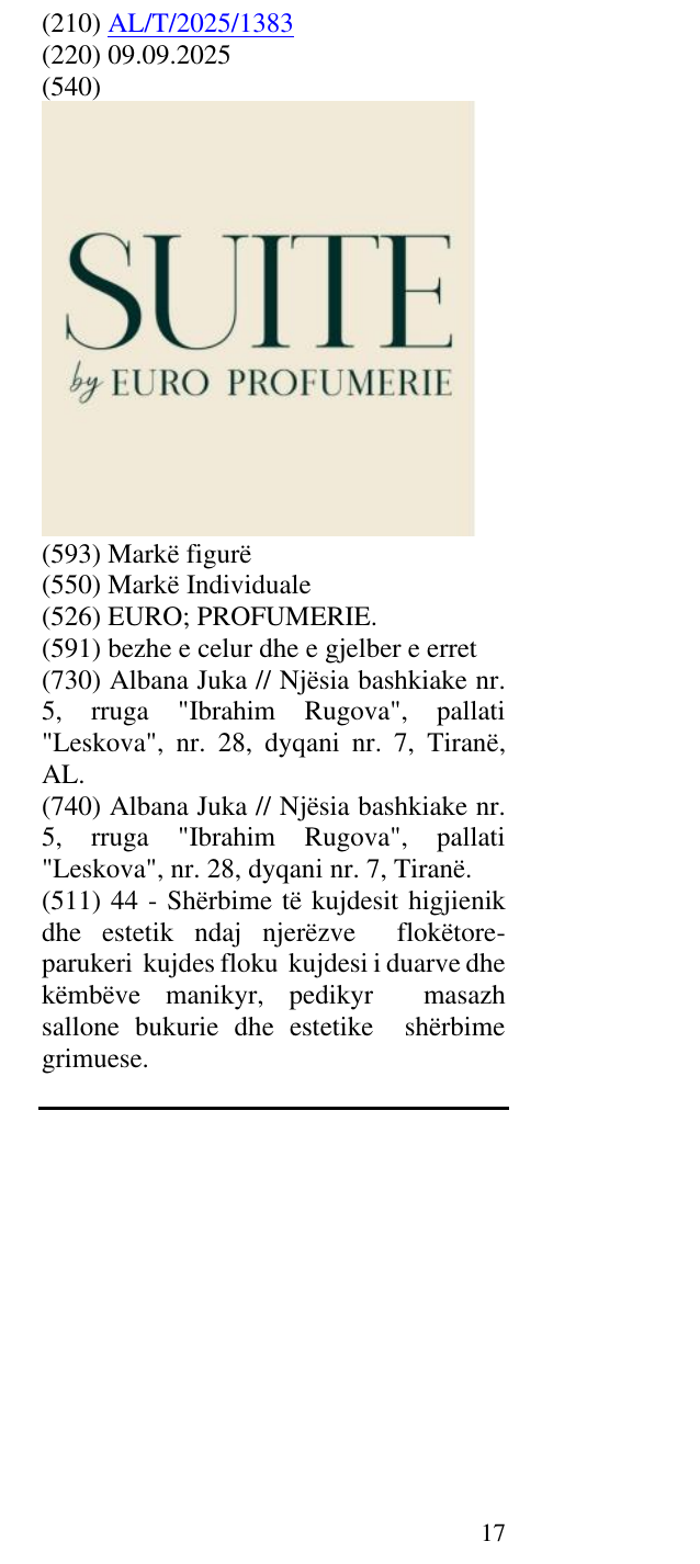 Zëri i markës EURO; PROFUMERIE. në buletin