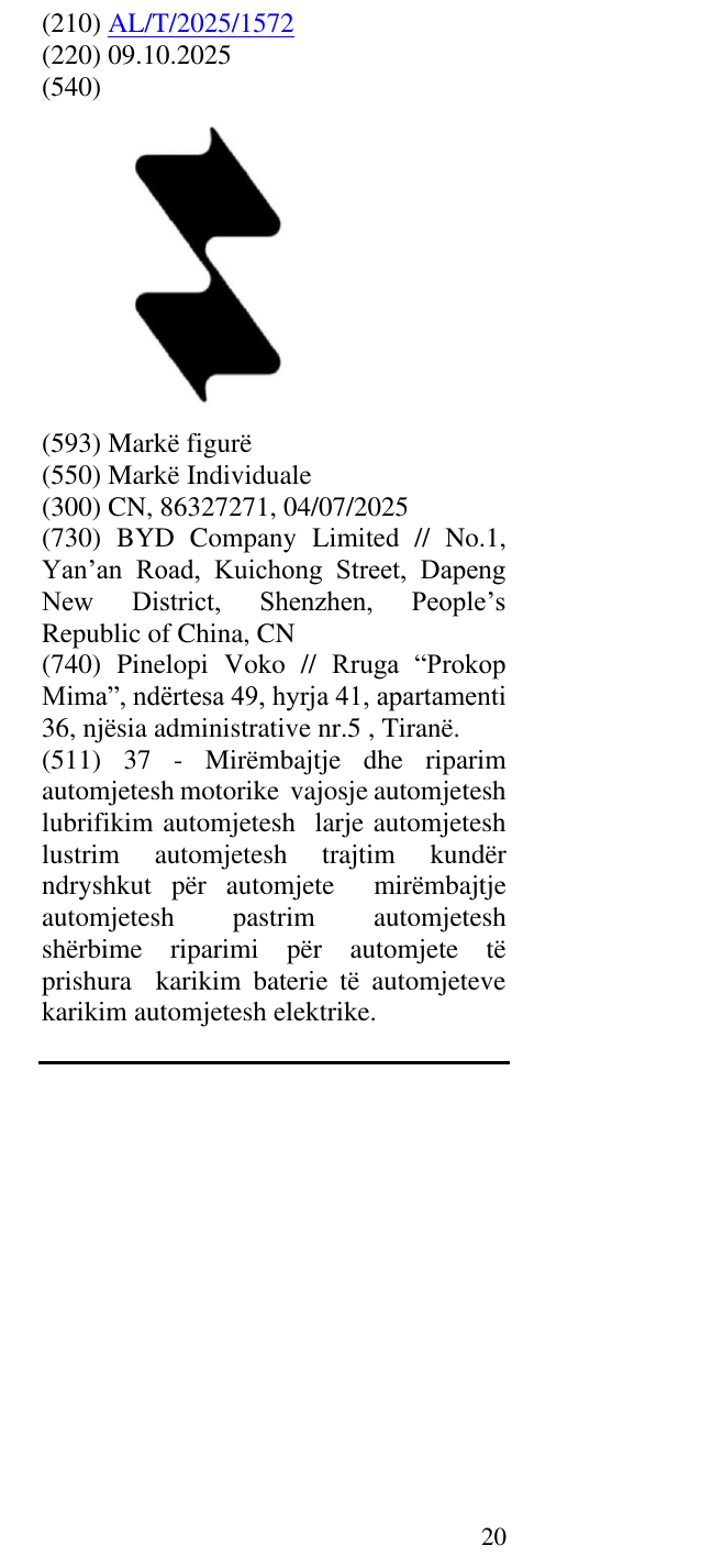 Zëri i markës AL/T/2025/1572 në buletin