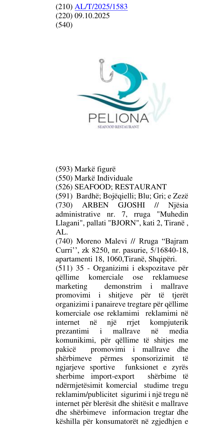 Zëri i markës SEAFOOD; RESTAURANT në buletin