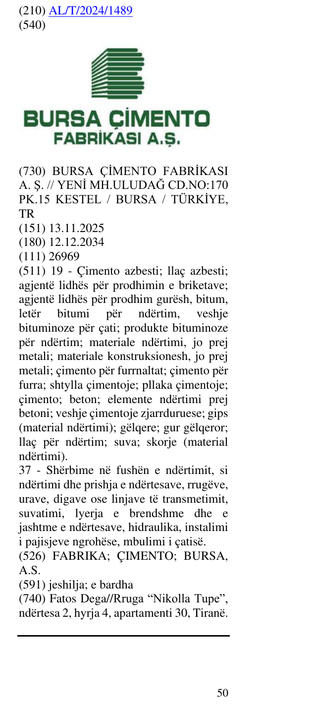 Zëri i markës FABRIKA; ÇIMENTO; BURSA, A.S. në buletin