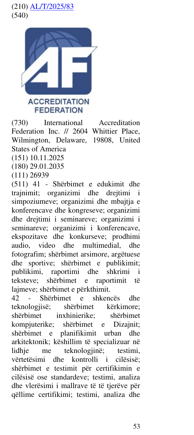 Zëri i markës ACCREDITATION FEDERATION në buletin
