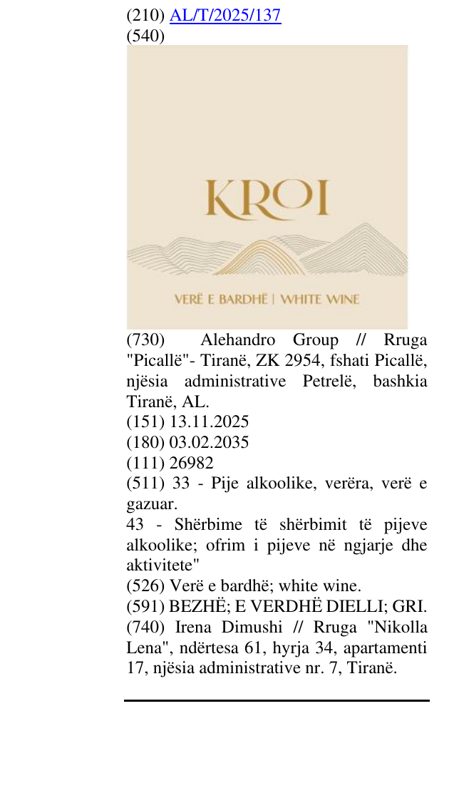 Zëri i markës Verë e bardhë; white wine. në buletin