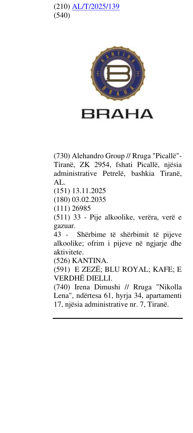 Zëri i markës KANTINA. në buletin