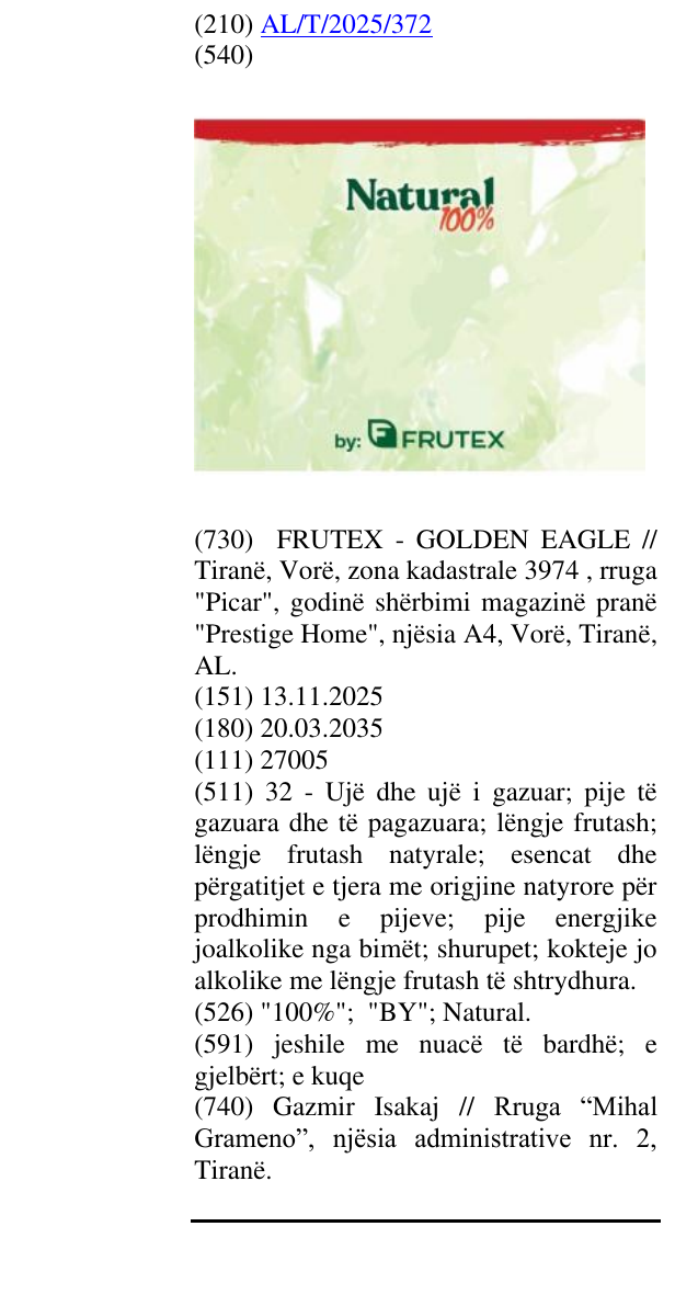 Zëri i markës "100%"; "BY"; Natural. në buletin