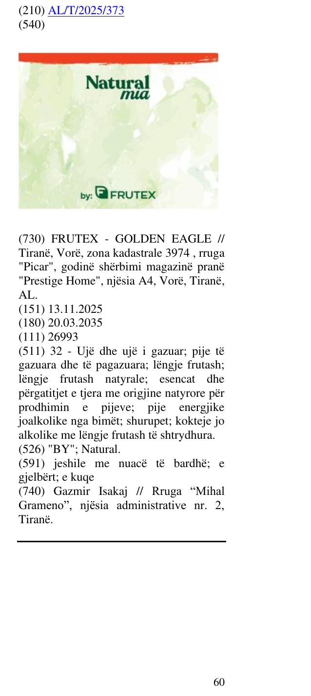 Zëri i markës "BY"; Natural. në buletin